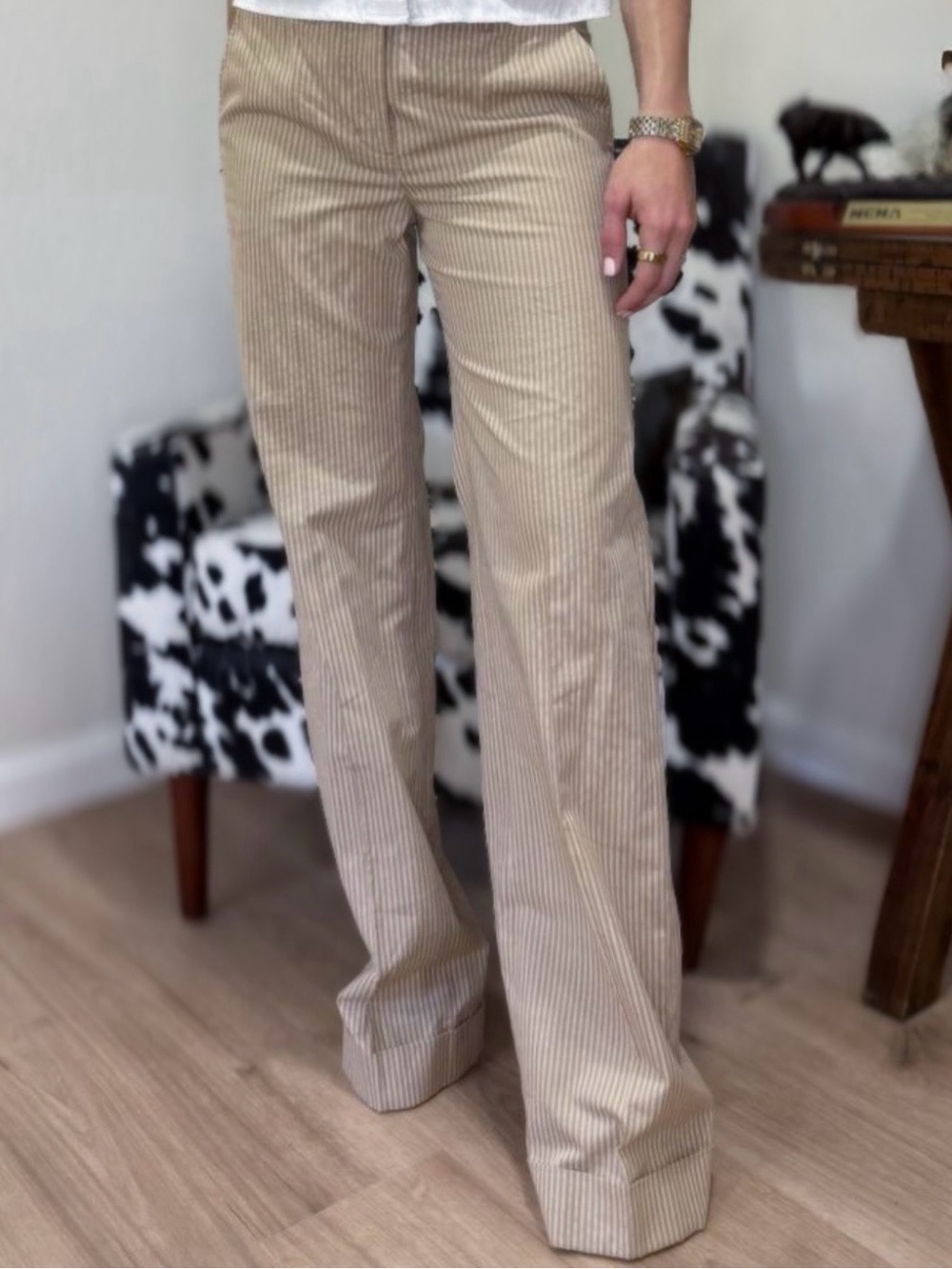 Beige Pinstripe Wide-Leg Trousers